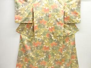 草葉模様織り出し手織り紬着物